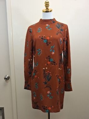 WAYF Floral Mock Neck Mini Dress Rust Long Sleeve Boho Fall Size Small